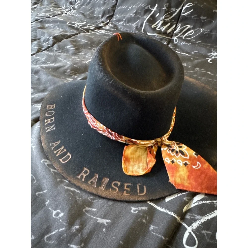 Patina Born and Raised Wool Felt Fedora Hat Black Distressed Western Bandana S